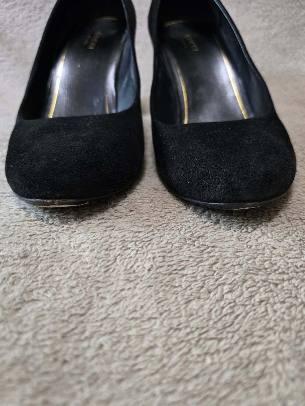 Gucci Jacquelyne Black Suede Gold Studded Block Heel Round Toe Pumps Size 39 - Picture 6 of 15